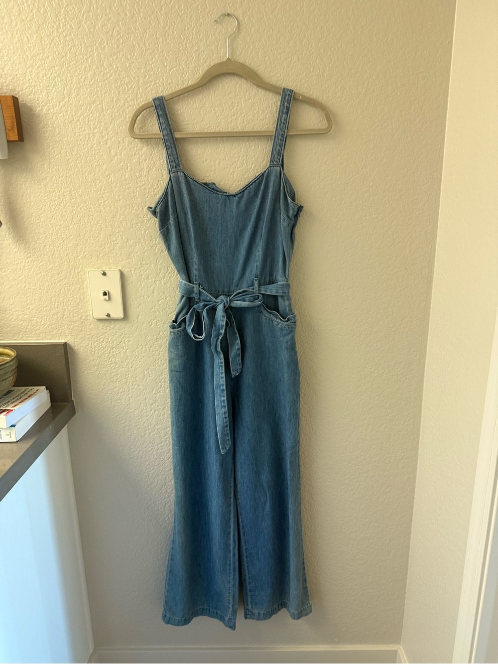 Paige Women's Blue Denim Jumpsuit with Tie Waist